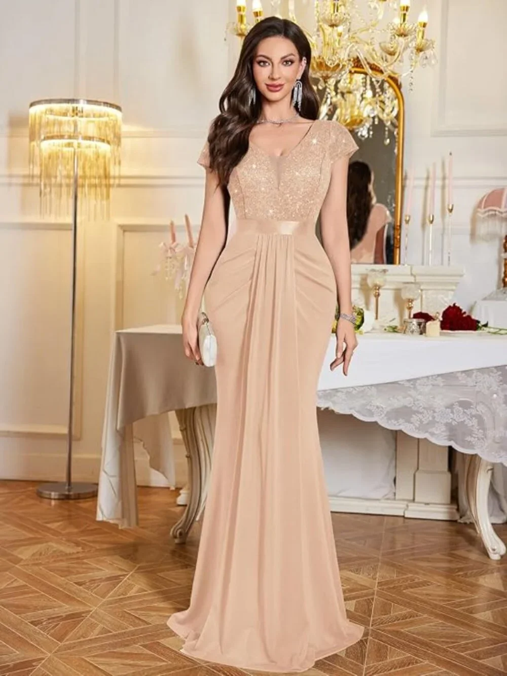 Women's Deep V-Neck Lace Sequin Pleated Evening Formal Dress CHAMPAGNE - Picture 2 of 5